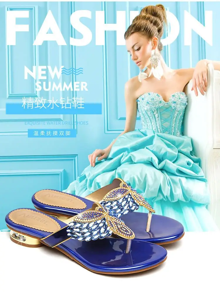 Rhinestone Slippers Women's Summer New Style Outer Wear Flat Bohemian Beach Shoes Seaside Holiday Clip Sandals Women's Half Shoe — feature 1
