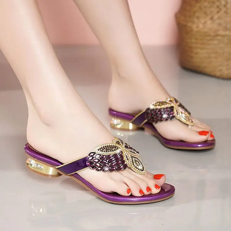 Rhinestone Slippers Women's Summer New Style Outer Wear Flat Bohemian Beach Shoes Seaside Holiday Clip Sandals Women's Half Shoe - Image 2