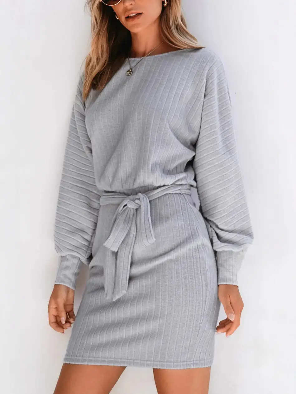 Long Sleeve Ribbed Knit Belt Dress for Women Grey