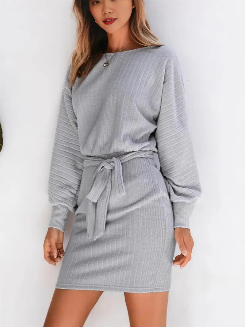 Long Sleeve Ribbed Knit Belt Dress for Women Grey