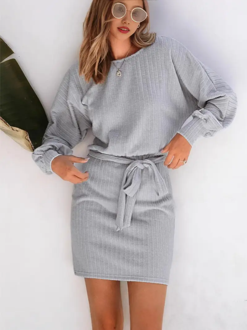 Long Sleeve Ribbed Knit Belt Dress for Women Grey