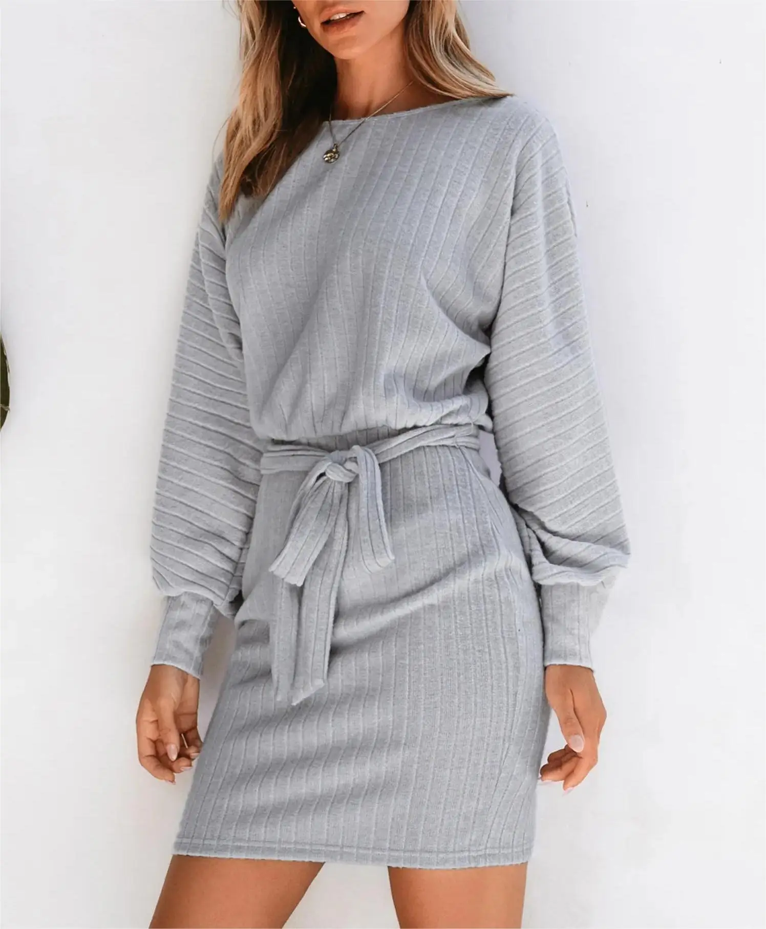 Long Sleeve Ribbed Knit Belt Dress for Women Grey — feature 22