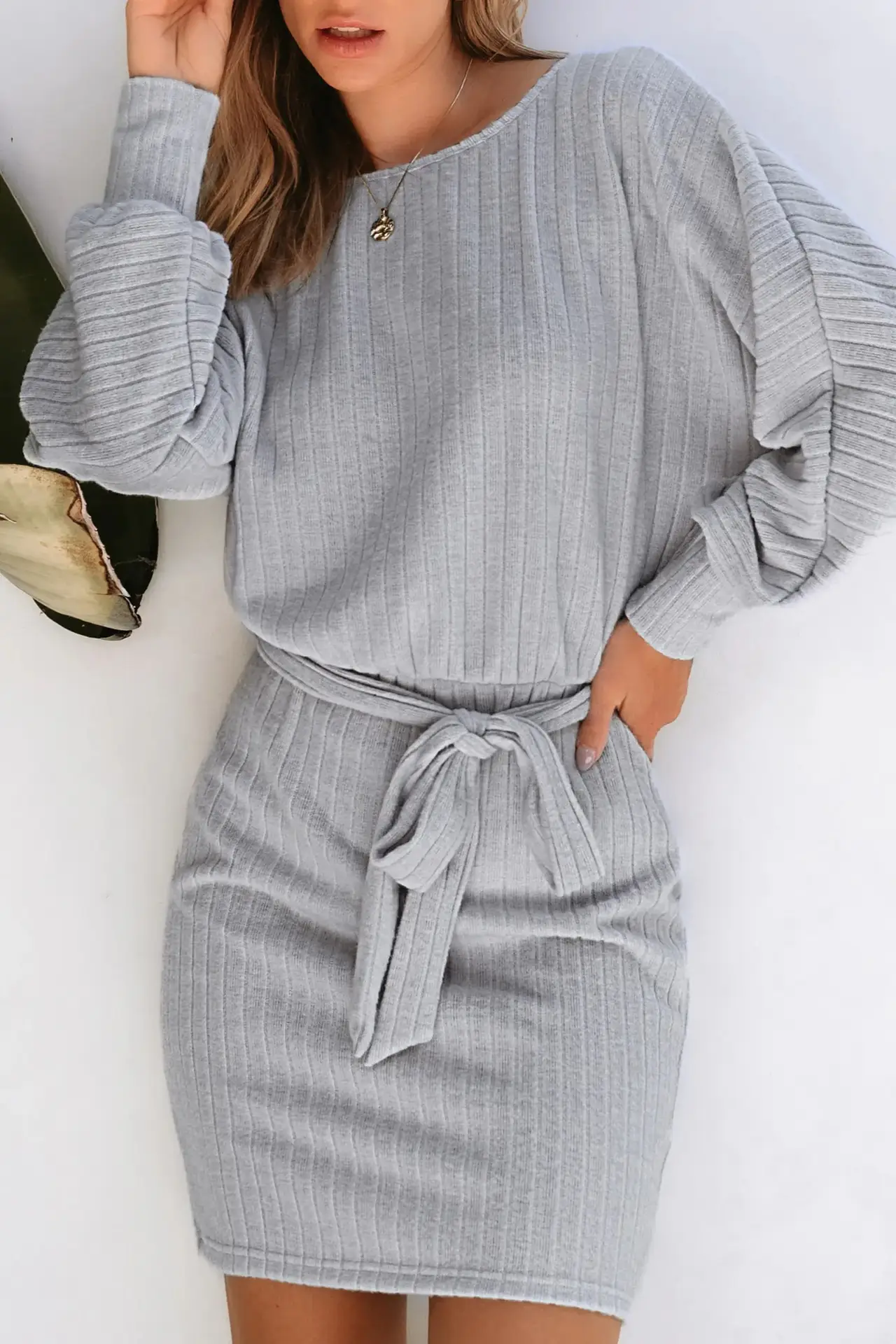 Long Sleeve Ribbed Knit Belt Dress for Women Grey — feature 23