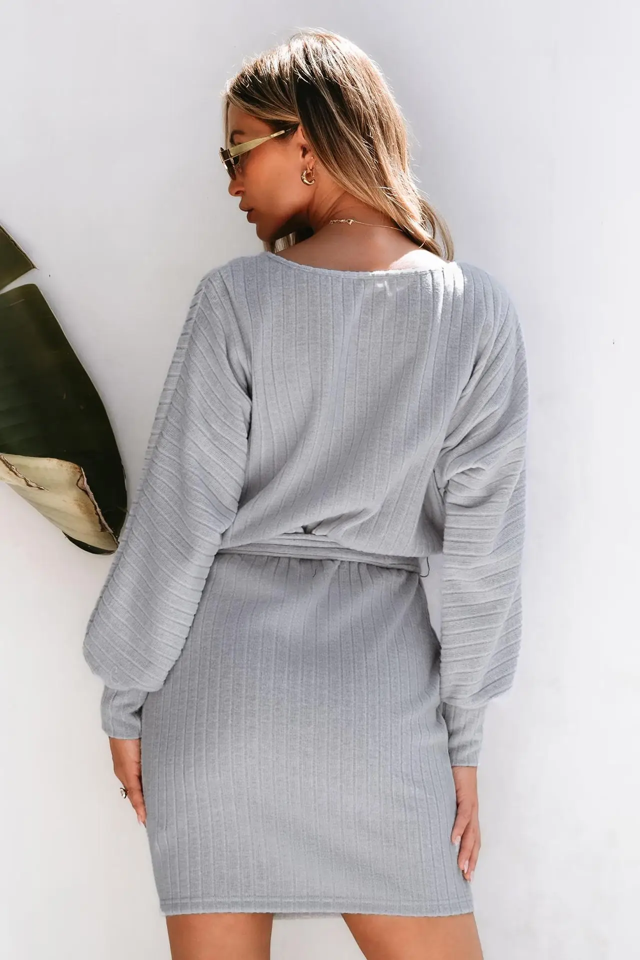 Long Sleeve Ribbed Knit Belt Dress for Women Grey — feature 25