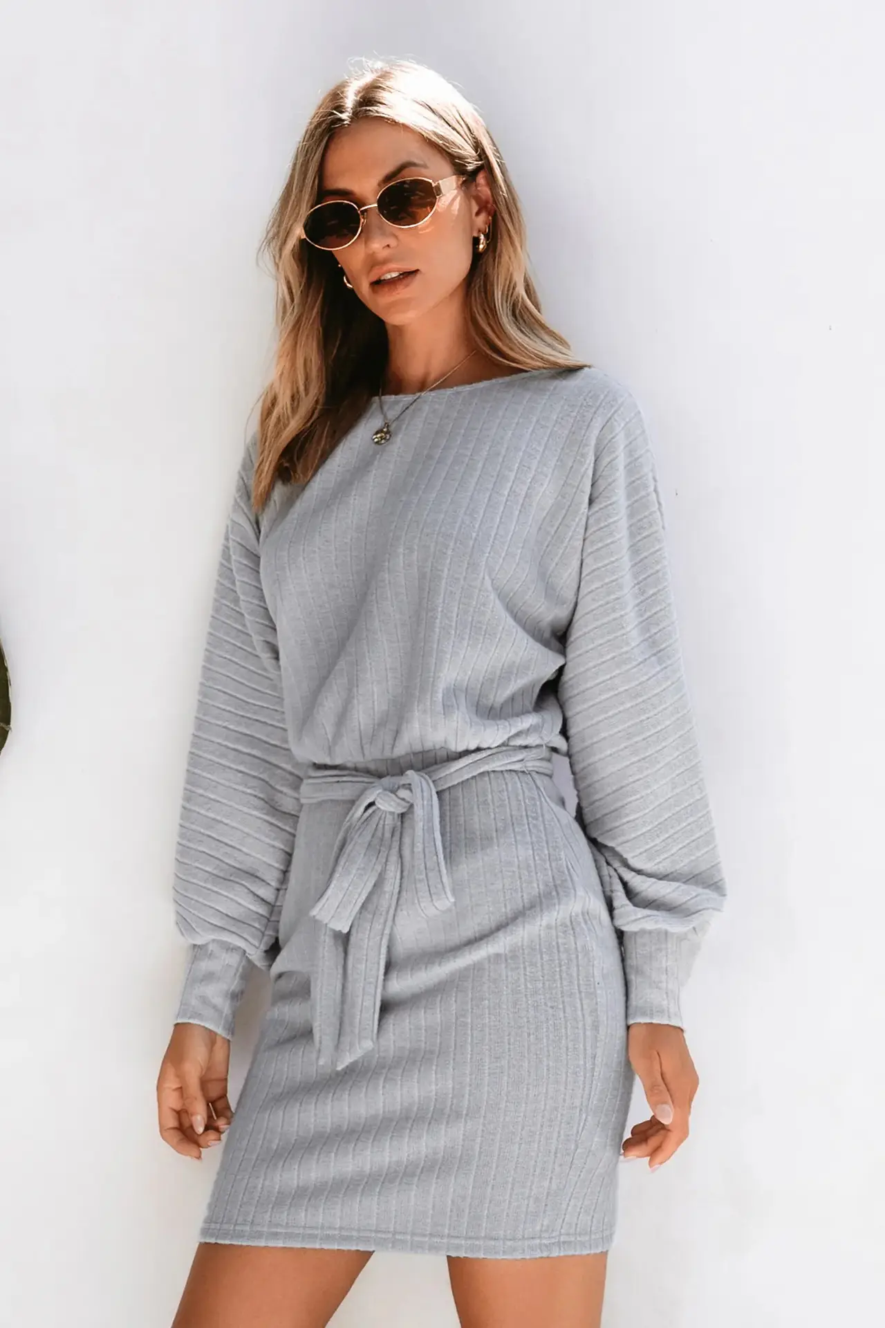 Long Sleeve Ribbed Knit Belt Dress for Women Grey — feature 26