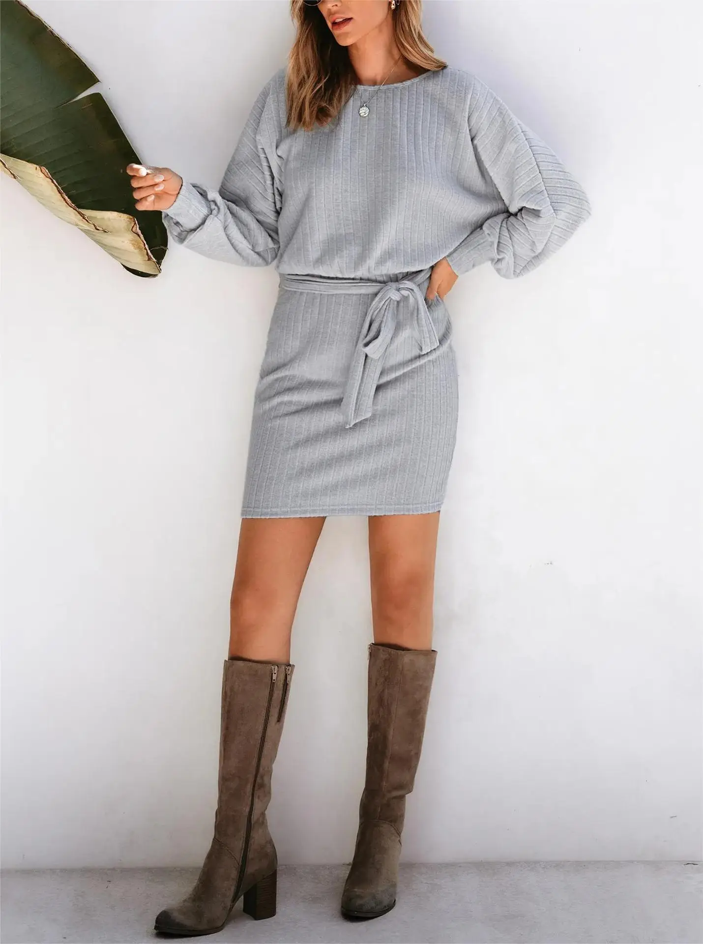 Long Sleeve Ribbed Knit Belt Dress for Women Grey — feature 27