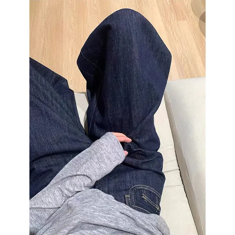 2025 Women Dark Blue Wide Leg Pants High Waist Denim