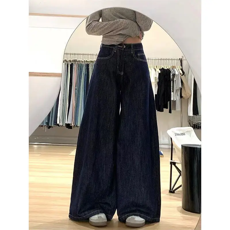 2025 Women Dark Blue Wide Leg Pants High Waist Denim