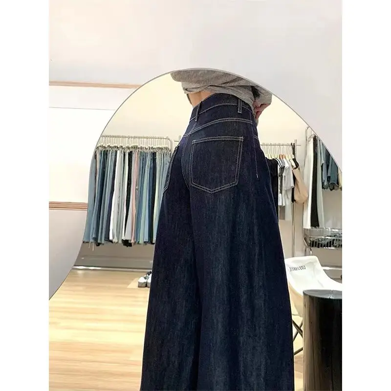 2025 Women Dark Blue Wide Leg Pants High Waist Denim