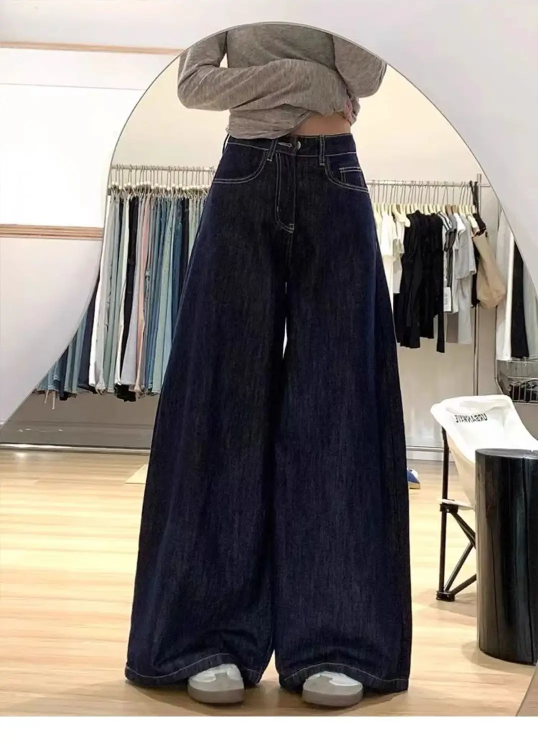 2025 Women Dark Blue Wide Leg Pants High Waist Denim — feature 5