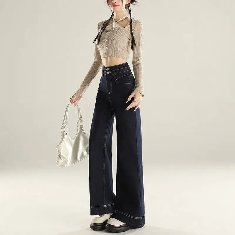 Denim Wide Leg Pants Dark Blue Slim Fit Spring 2025
