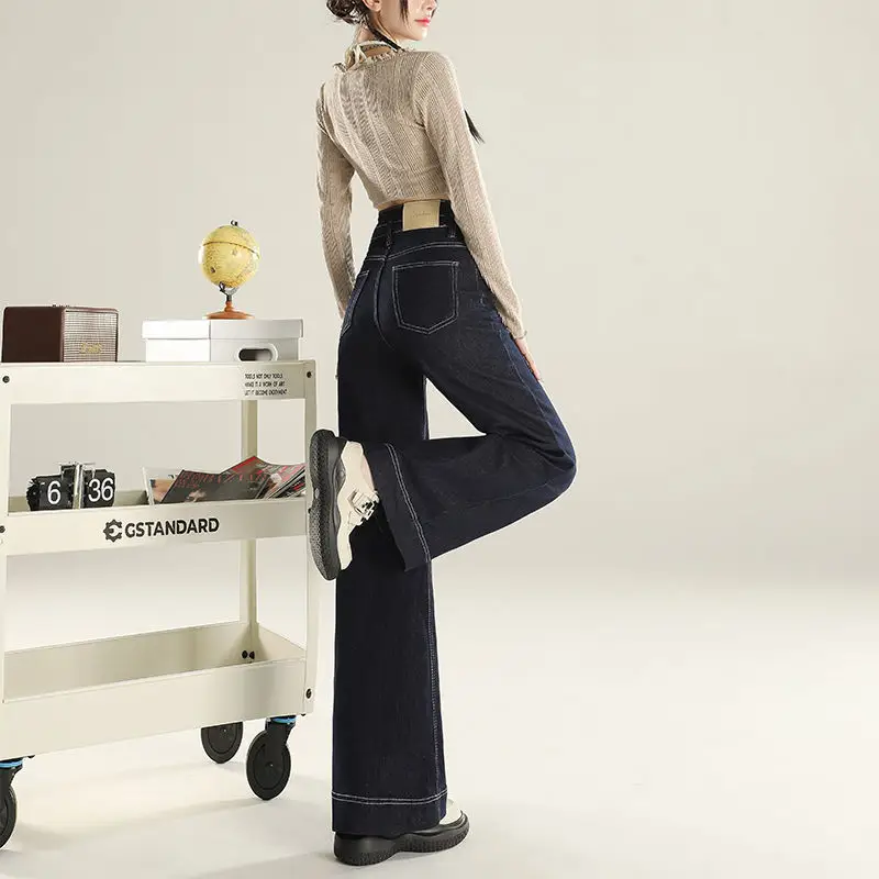 Denim Wide Leg Pants Dark Blue Slim Fit Spring 2025