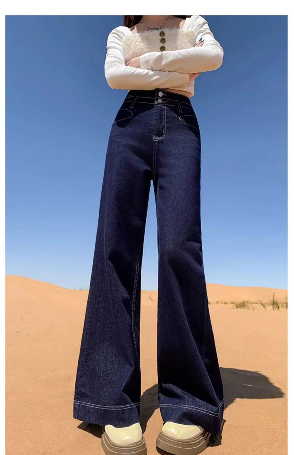 Wide Leg Jeans Double Buckle Dark Blue 2025 — feature 19