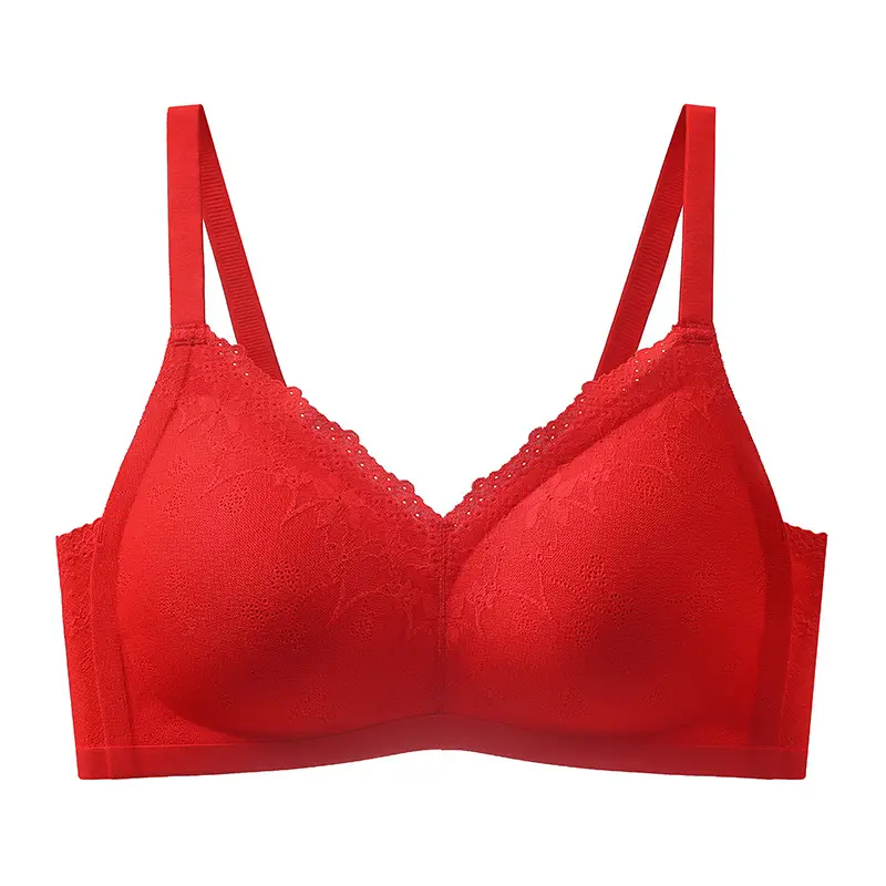 Red Lace Non-Running Cup Cup Bra Seamless Ice Feel - Image 6