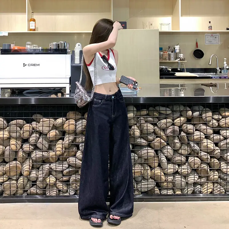 Women Dark Blue Wide Leg Pants 2025 Commuter