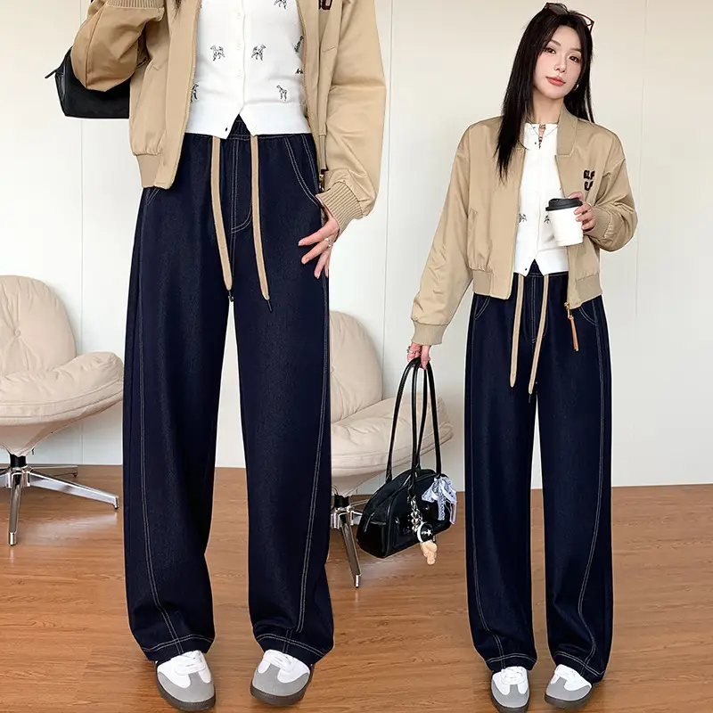 Dark Blue High-Waisted Wide Leg Pants for Women 2026