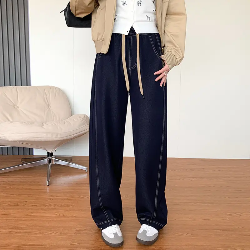 Dark Blue High-Waisted Wide Leg Pants for Women 2026