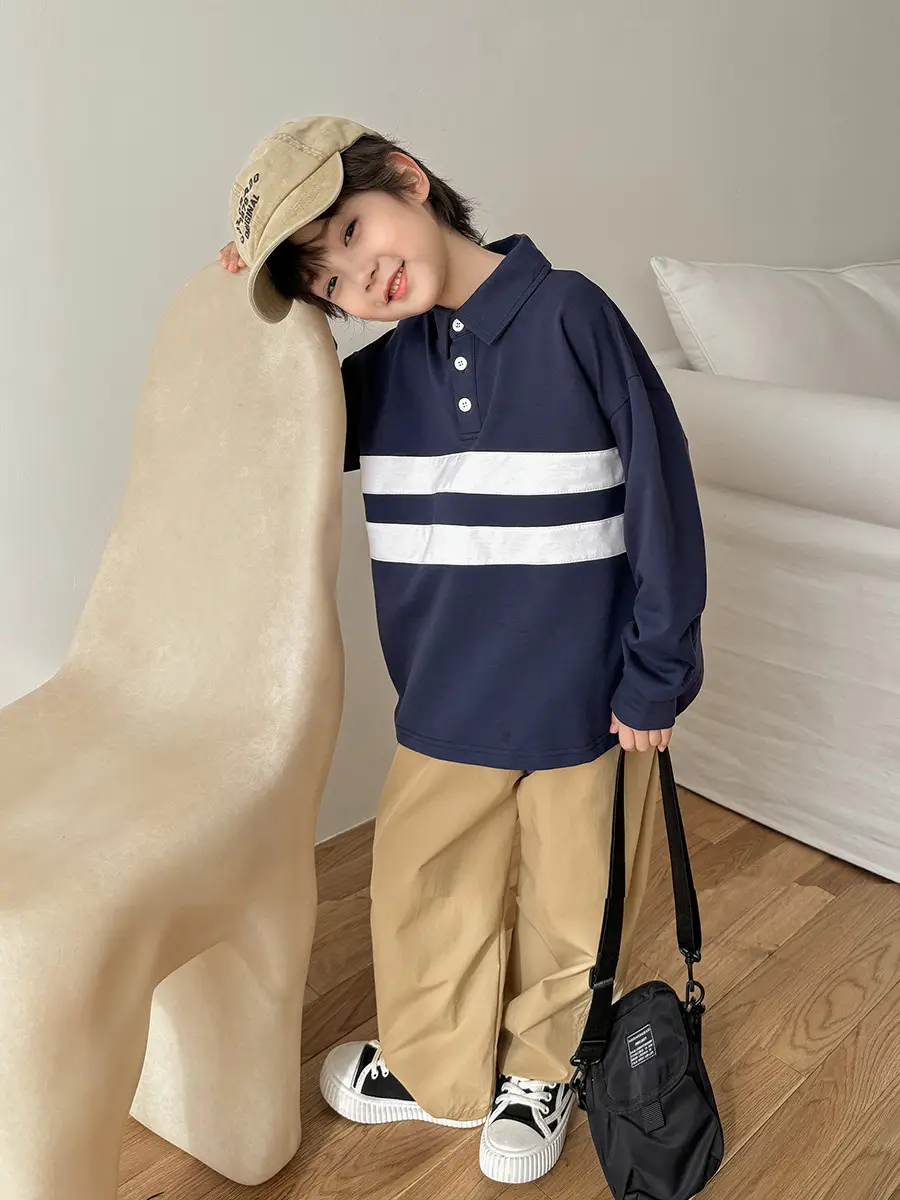 Kids Color-Block Long Sleeve Polo Shirt Blue White Stripes - Image 4