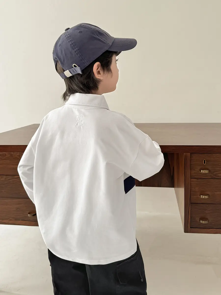 Kids Color-Block Long Sleeve Polo Shirt Blue White Stripes - Image 5