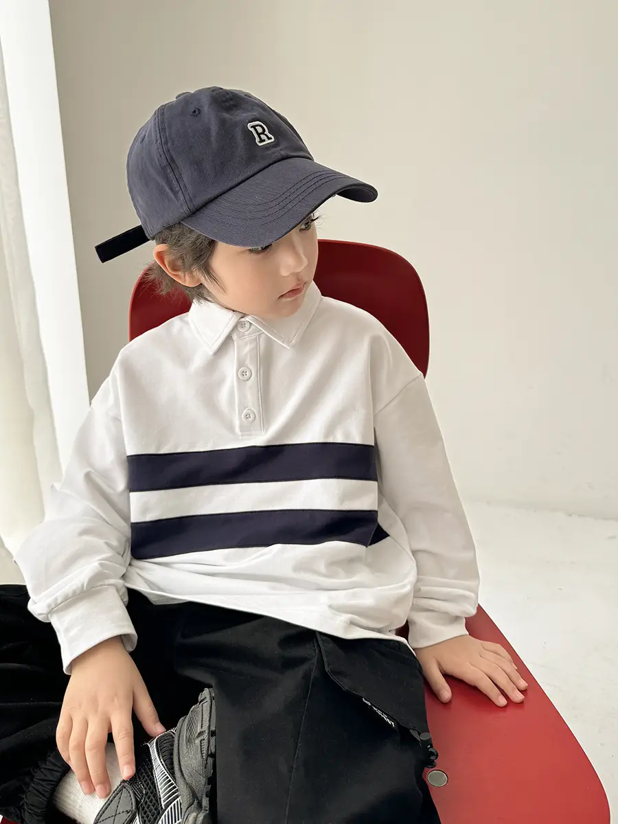 Kids Color-Block Long Sleeve Polo Shirt Blue White Stripes - Image 6