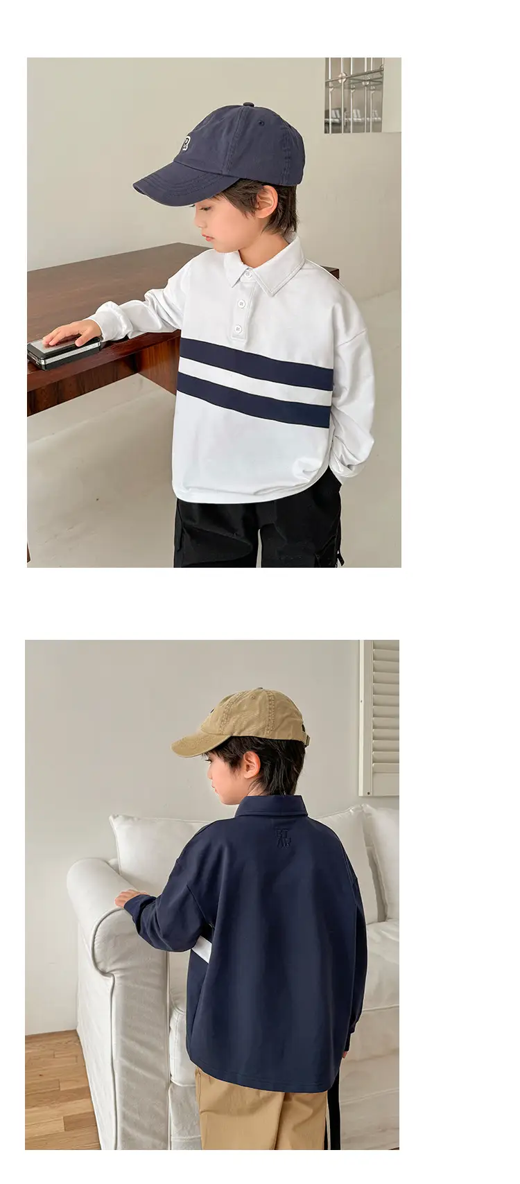 Kids Color-Block Long Sleeve Polo Shirt Blue White Stripes — feature 10