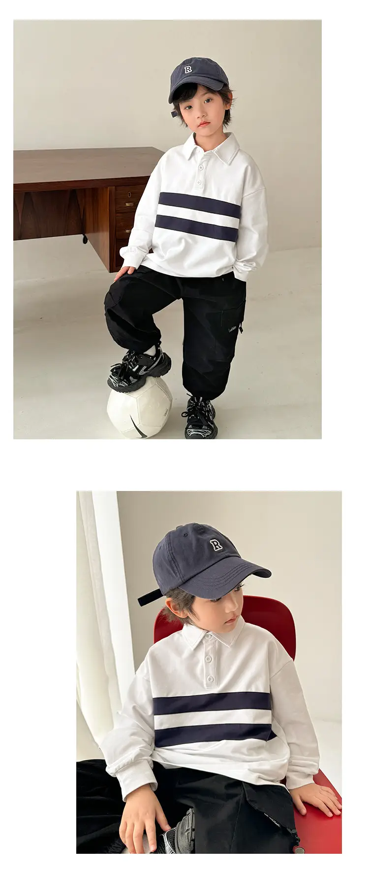 Kids Color-Block Long Sleeve Polo Shirt Blue White Stripes — feature 11