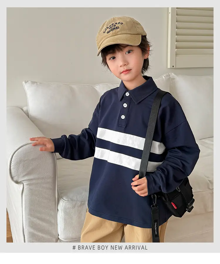 Kids Color-Block Long Sleeve Polo Shirt Blue White Stripes — feature 2