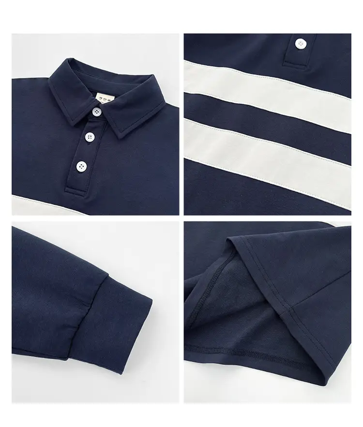 Kids Color-Block Long Sleeve Polo Shirt Blue White Stripes — feature 4