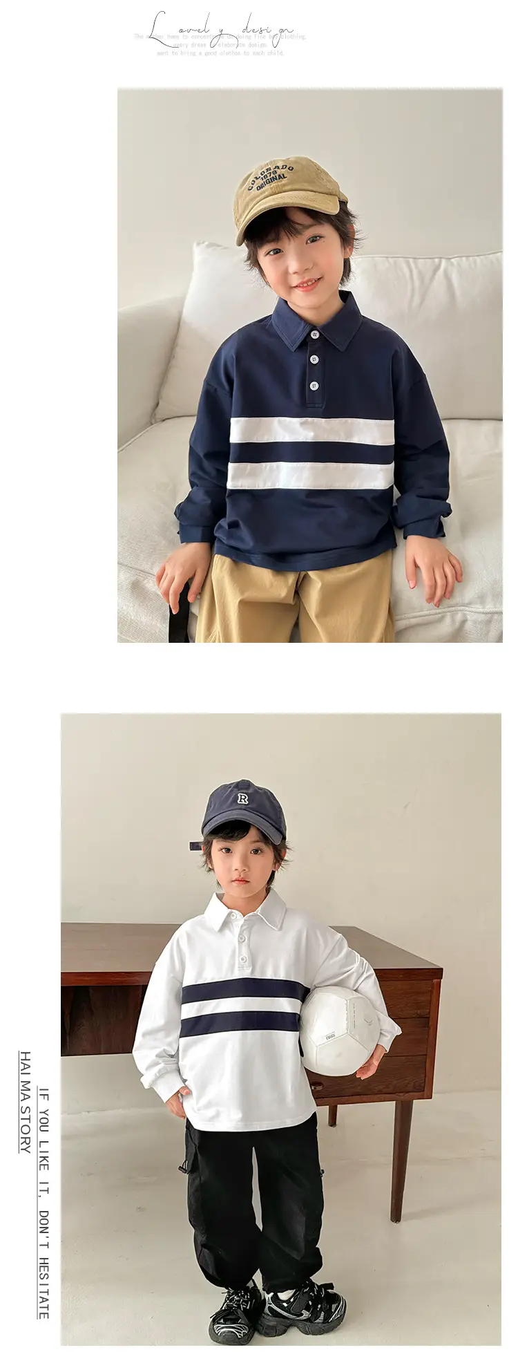 Kids Color-Block Long Sleeve Polo Shirt Blue White Stripes — feature 7
