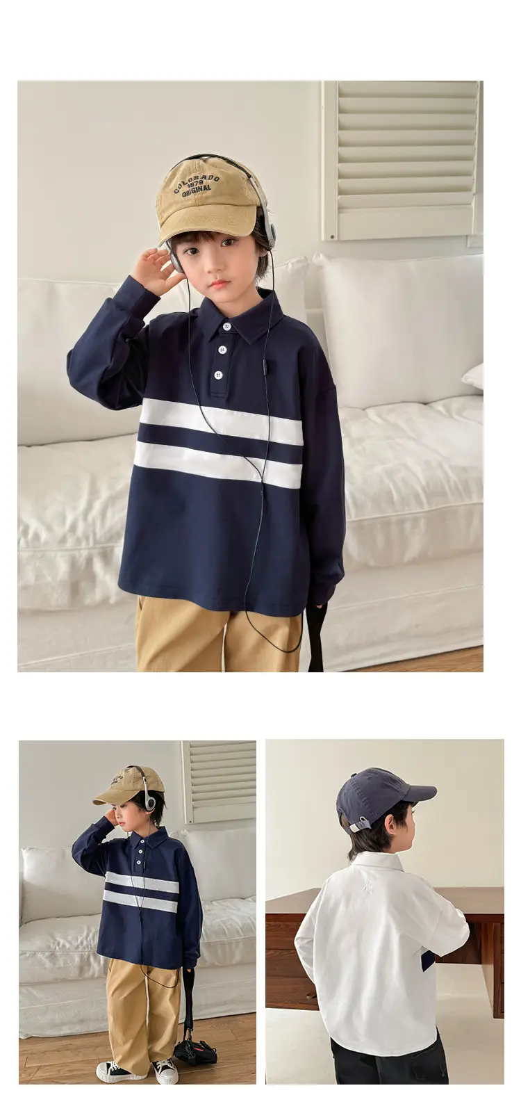 Kids Color-Block Long Sleeve Polo Shirt Blue White Stripes — feature 8