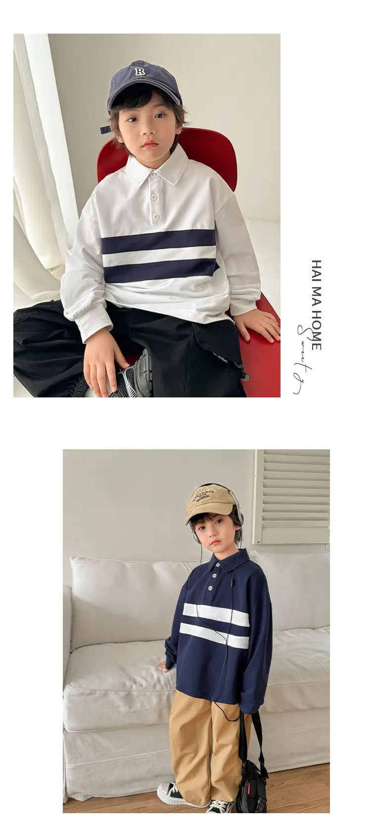 Kids Color-Block Long Sleeve Polo Shirt Blue White Stripes — feature 9
