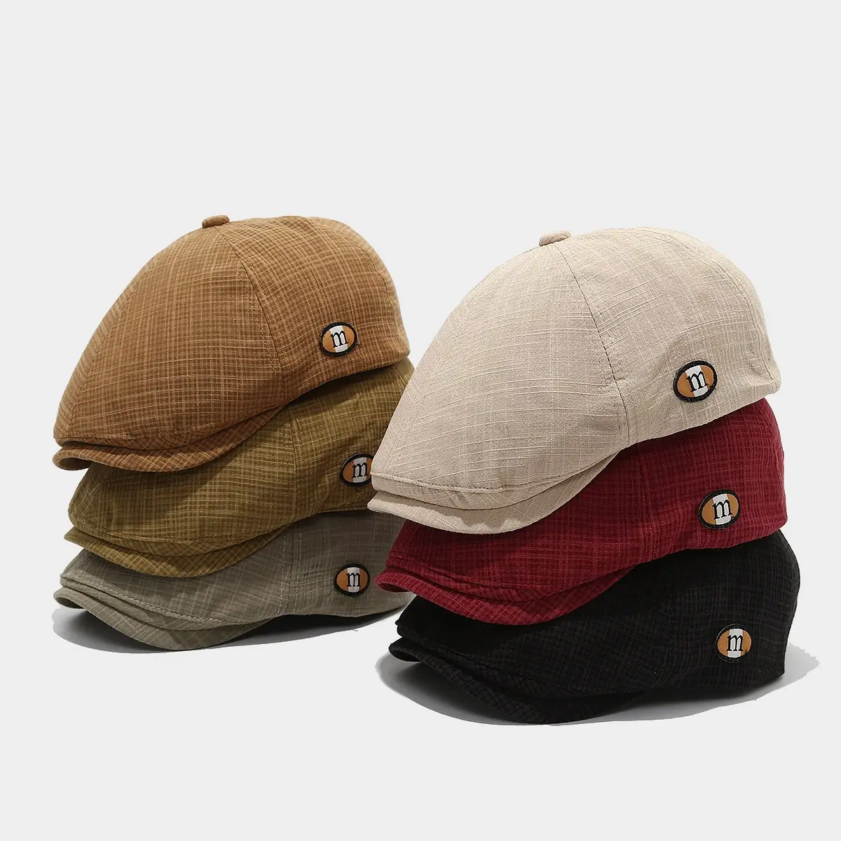 Men's Red Plaid Artistic Cap with M-Letter Logo