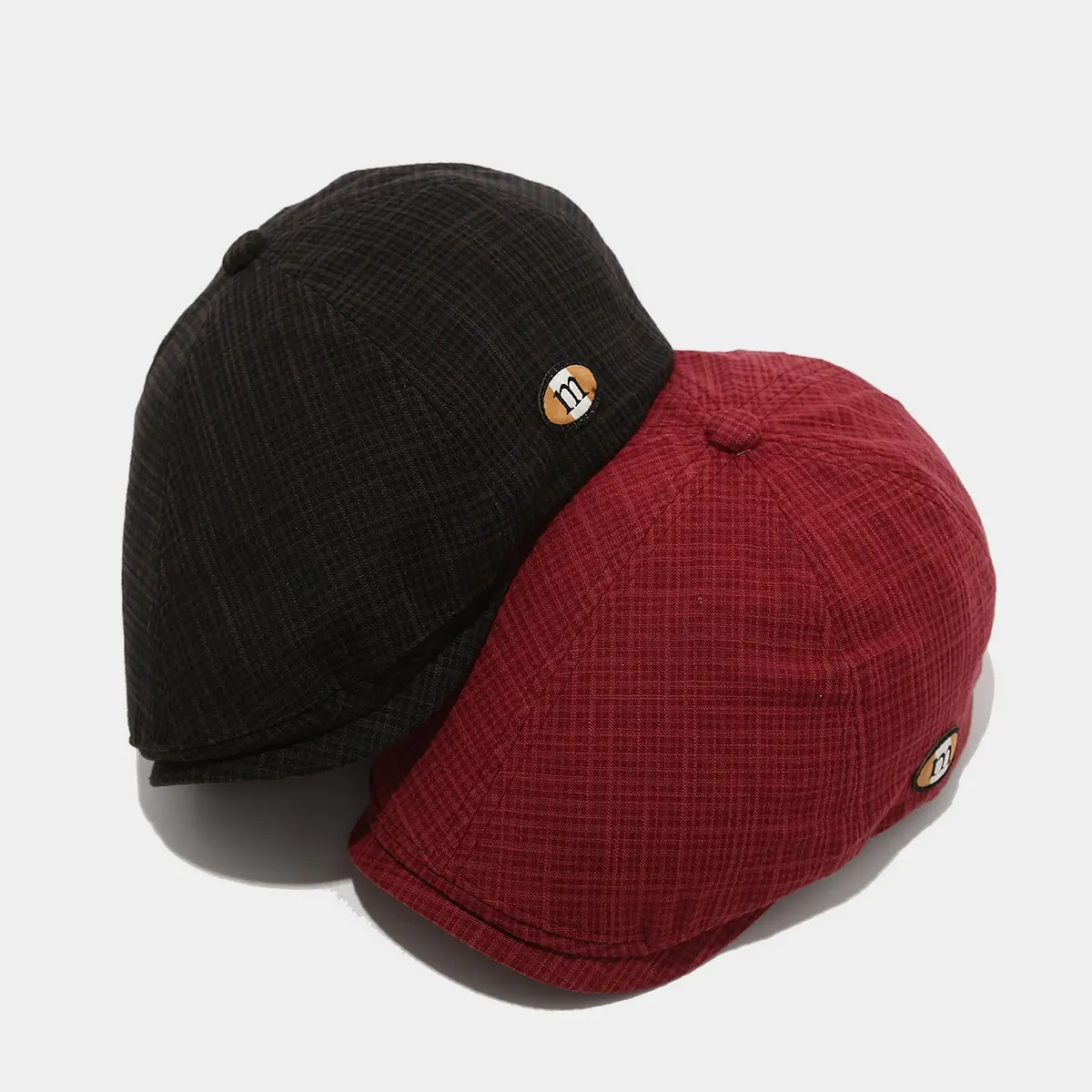 Men's Red Plaid Artistic Cap with M-Letter Logo
