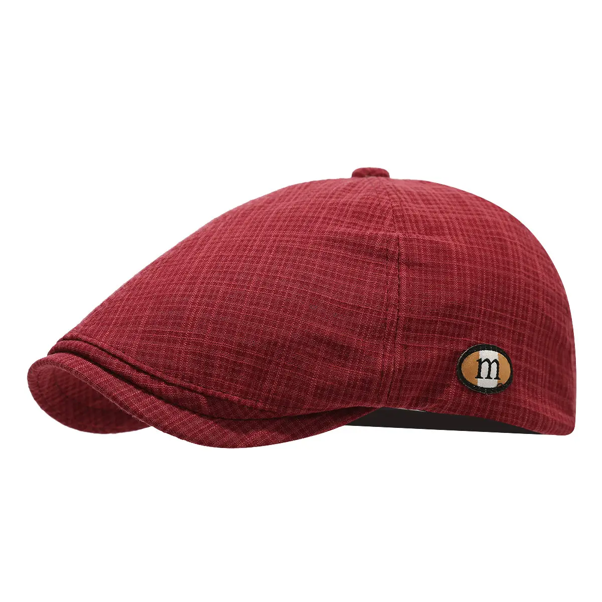 Men's Red Plaid Artistic Cap with M-Letter Logo