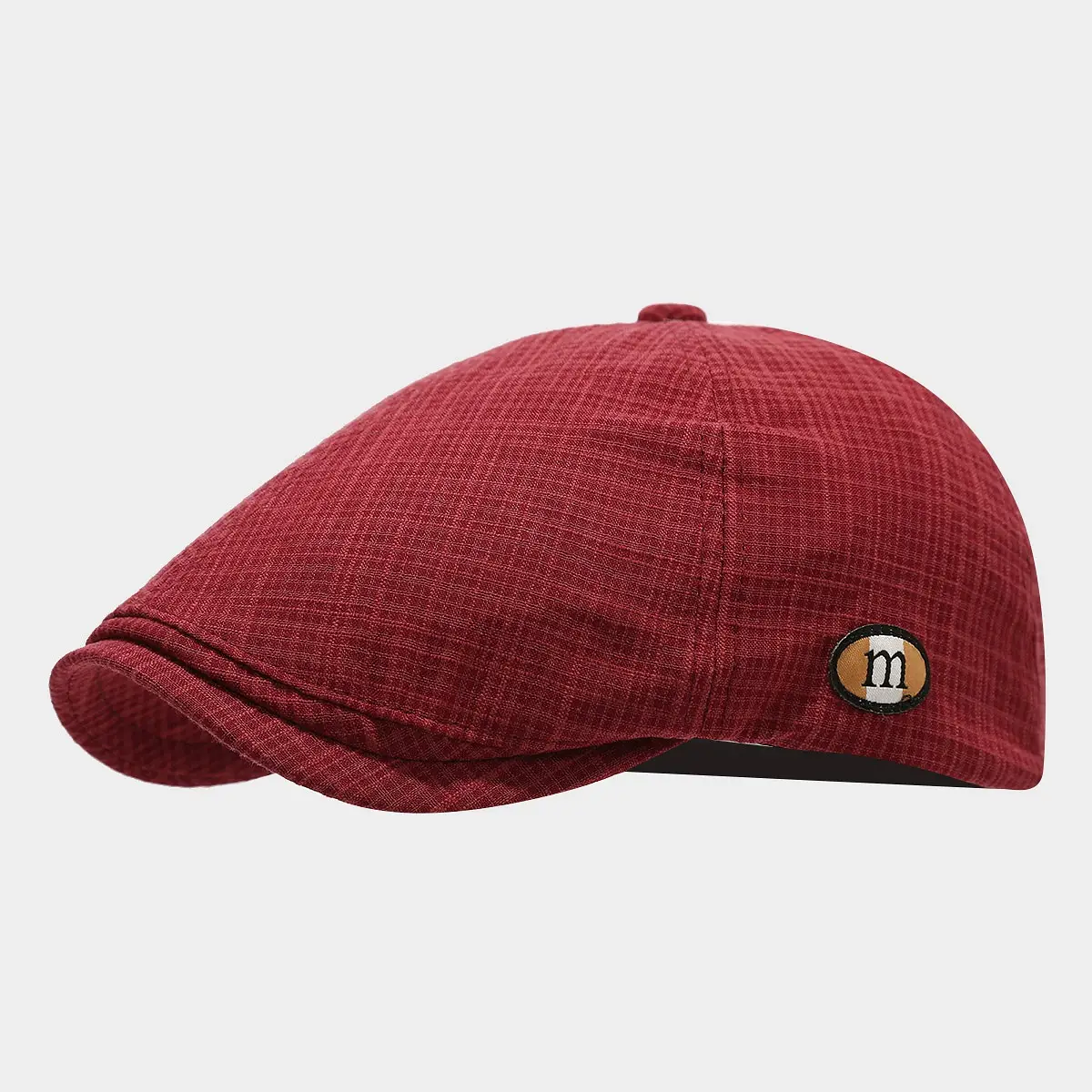 Men's Red Plaid Artistic Cap with M-Letter Logo