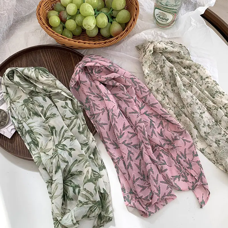 Women's Long Scarf Pink Floral Gauze Spring Summer - Image 10