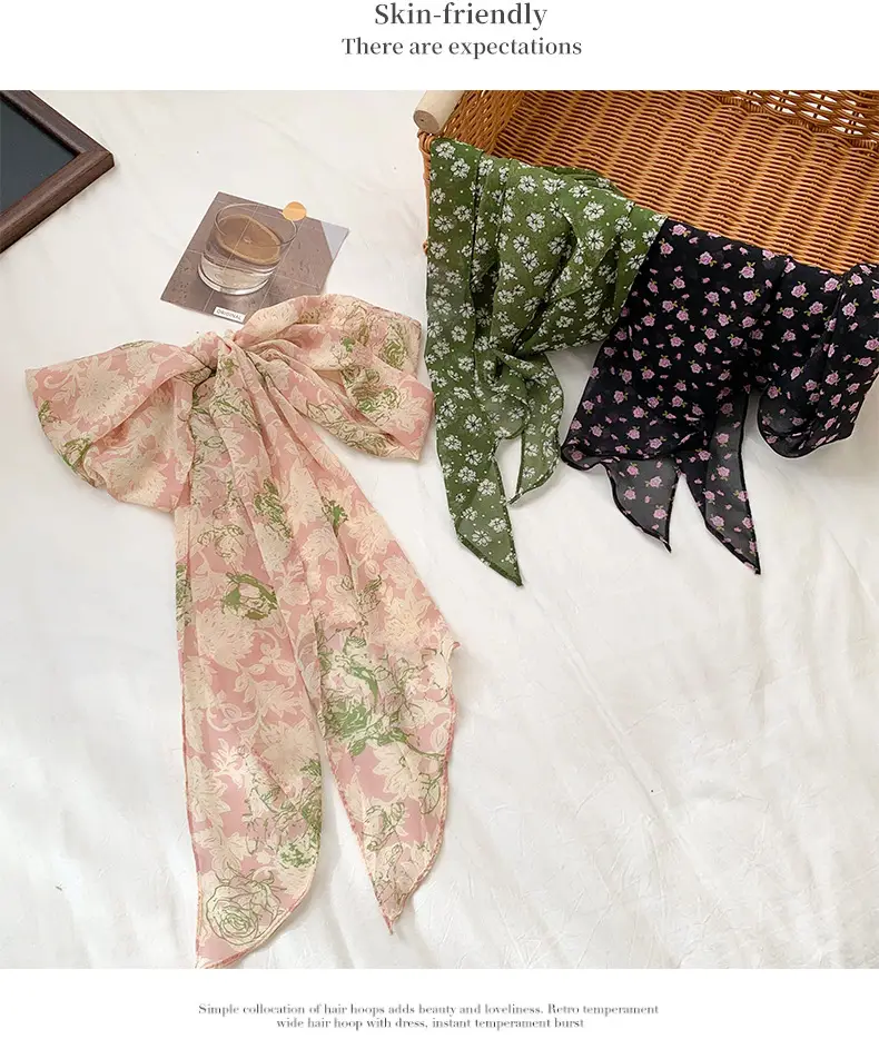 Women's Long Scarf Pink Floral Gauze Spring Summer — feature 6