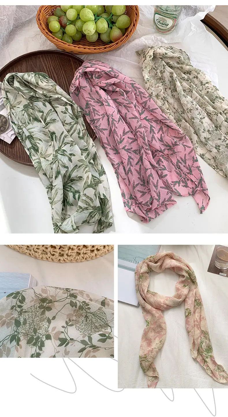 Women's Long Scarf Pink Floral Gauze Spring Summer — feature 7