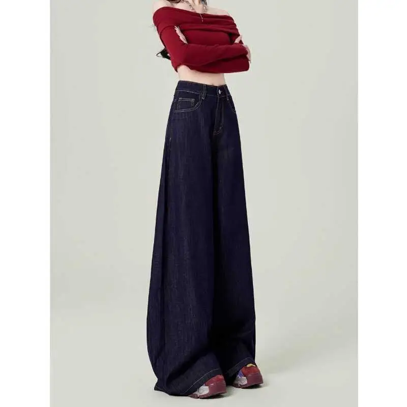 Dark Blue Wide Leg High Waist Mop Pants for Women