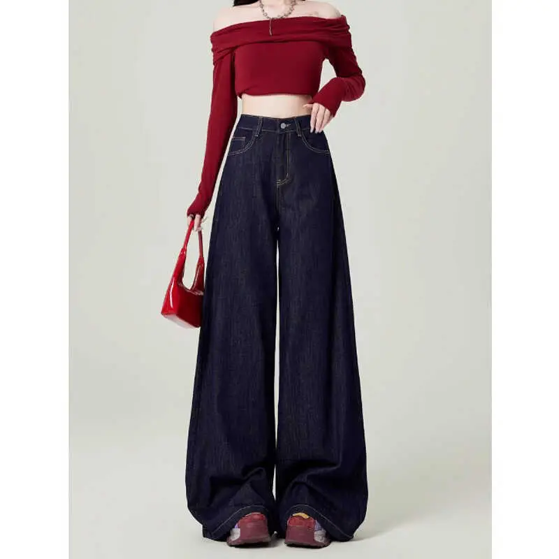 Dark Blue Wide Leg High Waist Mop Pants for Women