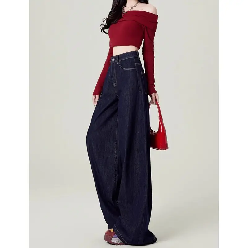 Dark Blue Wide Leg High Waist Mop Pants for Women