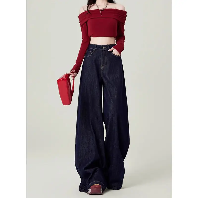 Dark Blue Wide Leg High Waist Mop Pants for Women