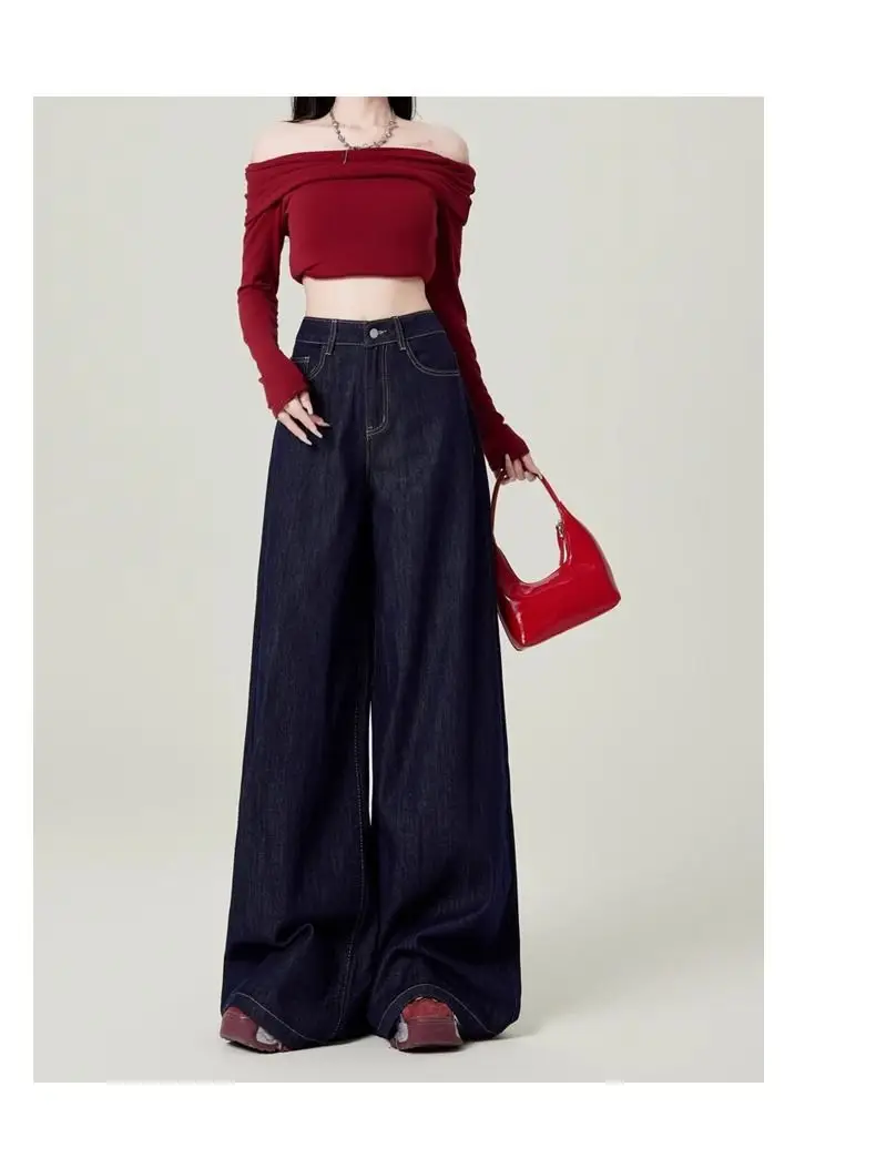 Dark Blue Wide Leg High Waist Mop Pants for Women — feature 4