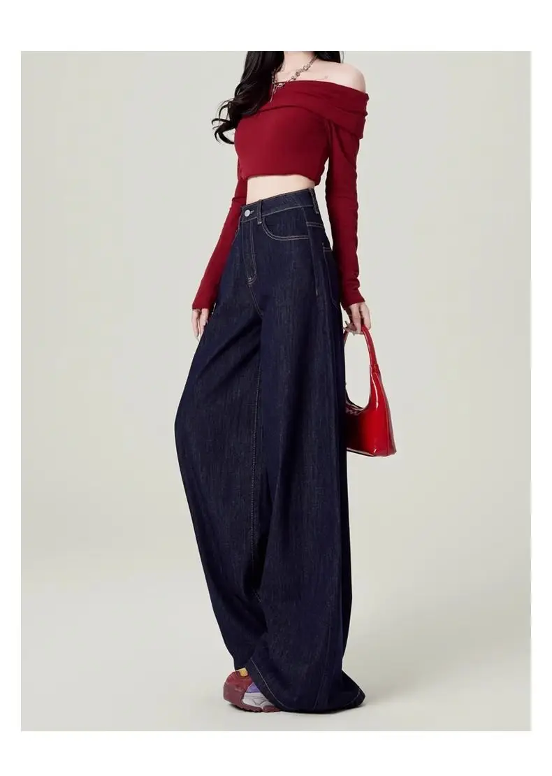 Dark Blue Wide Leg High Waist Mop Pants for Women — feature 7