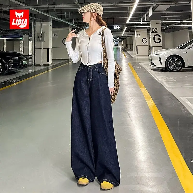 Women Wide Leg Pants Dark Blue High Waist 2025