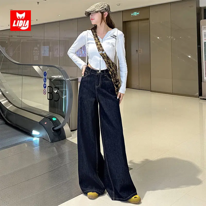 Women Wide Leg Pants Dark Blue High Waist 2025