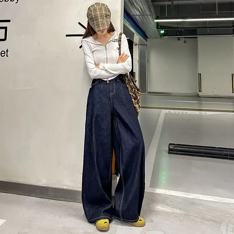 Women Wide Leg Pants Dark Blue High Waist 2025
