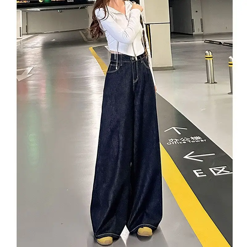 Women Wide Leg Pants Dark Blue High Waist 2025