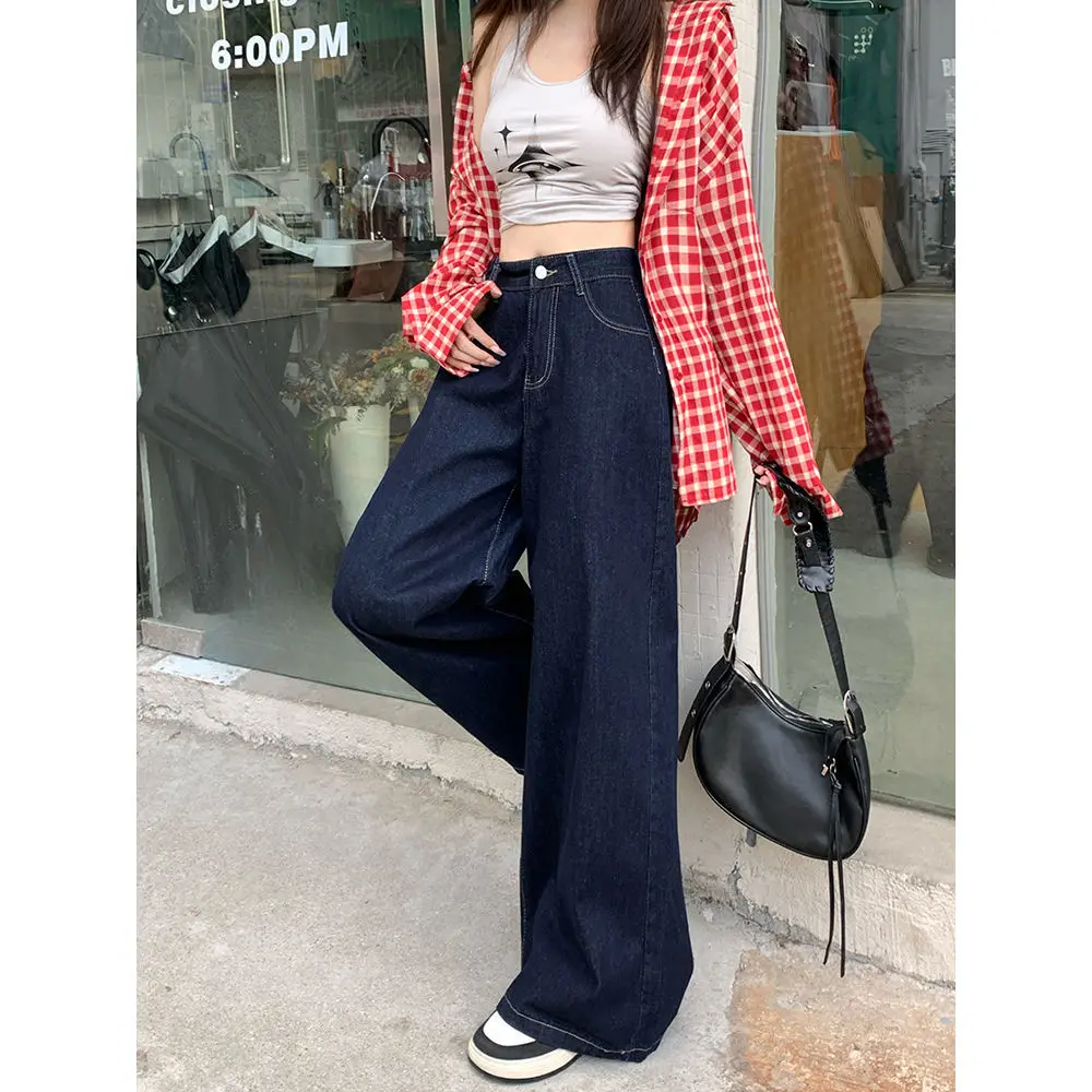 Dark Blue Wide Leg Jeans 2025 High Waist Loose Fit