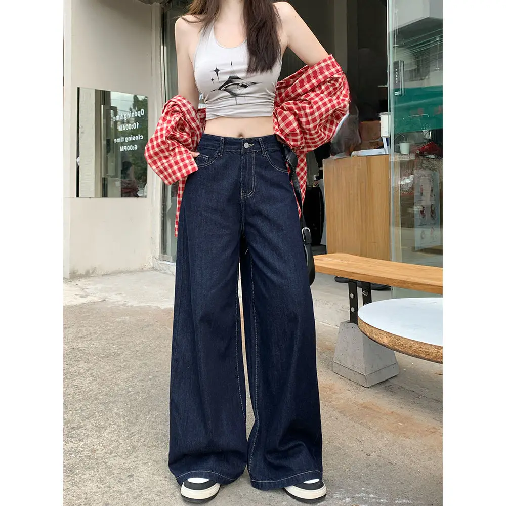 Dark Blue Wide Leg Jeans 2025 High Waist Loose Fit
